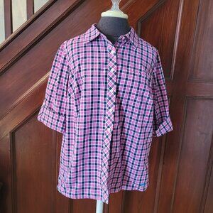 Talbots Womens Petite Plaid Button-Down Shirt With Roll-Up Sleeves xp